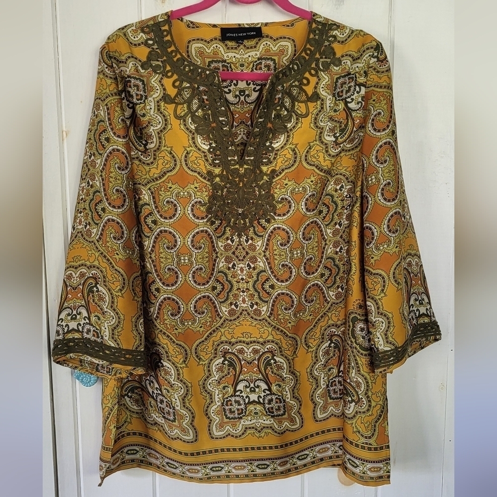Jones NY Boho  Yellow & Olive Green Embroidered V Neck Tunic Top